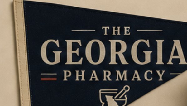 Navy felt pennant reading The Georgia Pharmacy