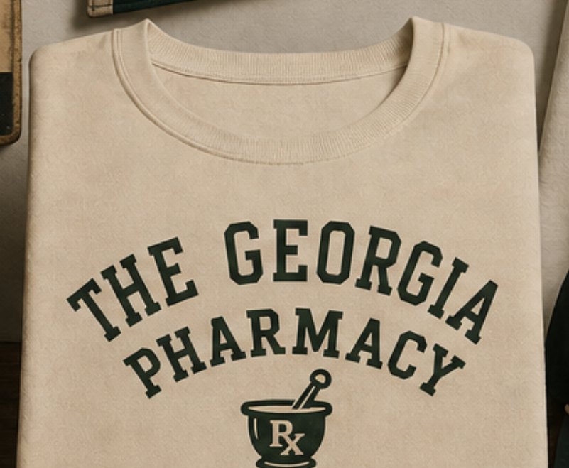 Cream sweatshirt with The Georgia Pharmacy collegiate wordmark and mortar and pestle