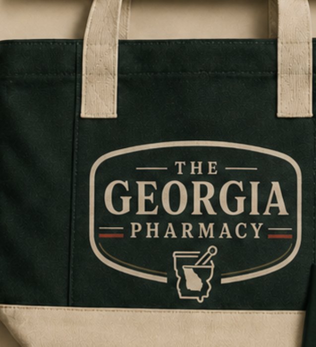 Dark green canvas tote with The Georgia Pharmacy badge